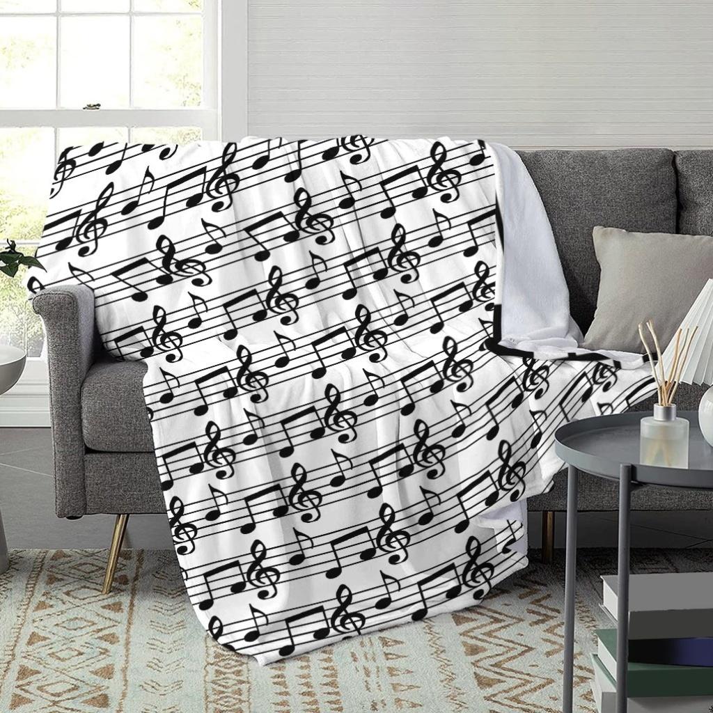 Black Treble Clef Musical Notes Staff White Background Print Soft Flannel Blanket Music Throw for Sofa Bedroom Home Use