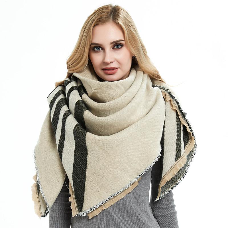 Autumn Winter Women's Wide Striped Scarf Geometric Pattern Shawl Thick Warm Scarf