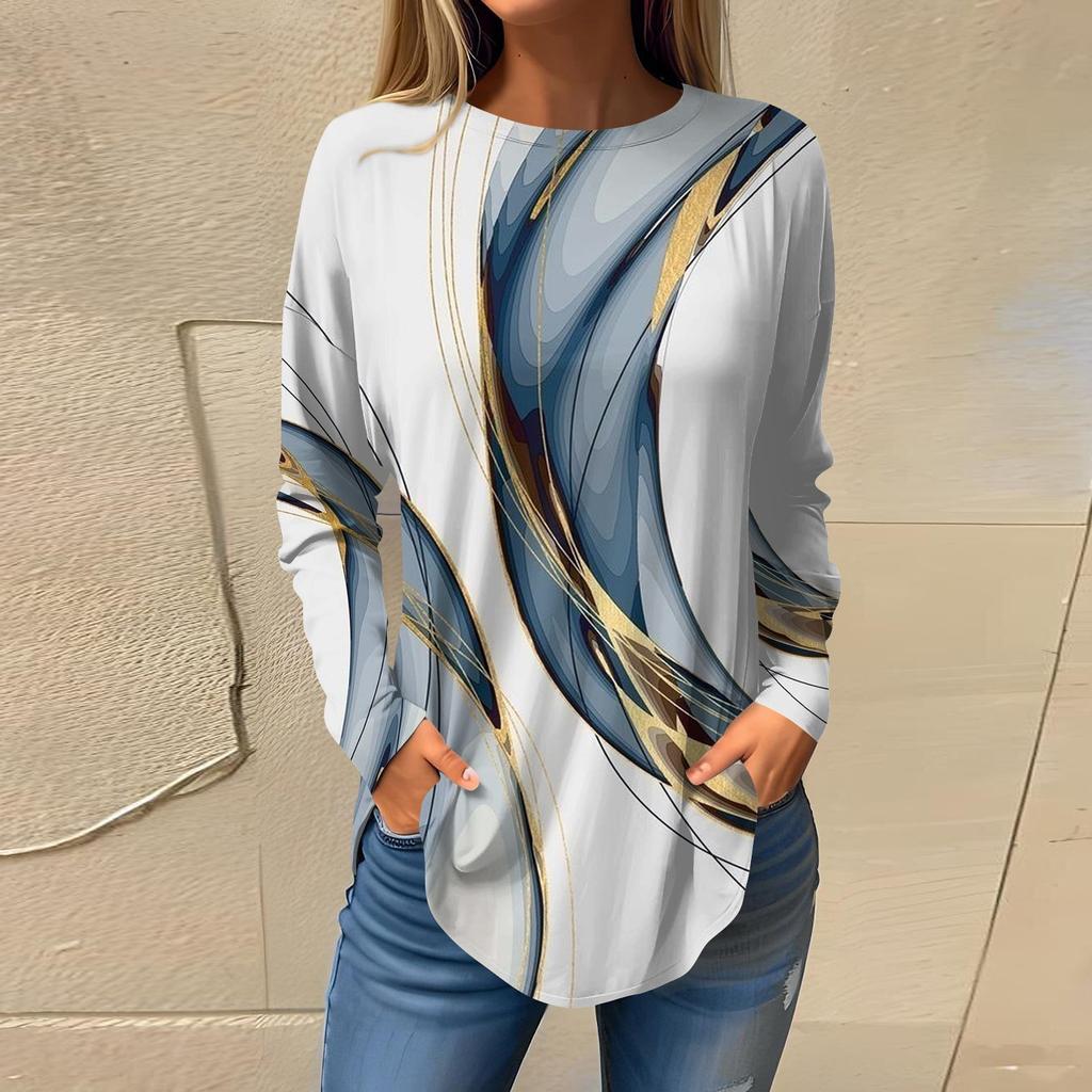 Женская свободная футболка с длинным рукавом с круглым вырезом и принтом, верхний пуловер