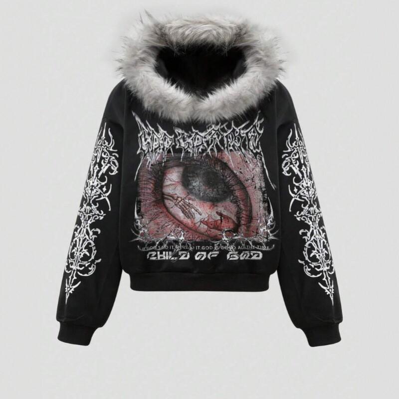 Mens Dark Streetwear 3D Print Hooded Zip Sweatshirt Loose Fit Winter