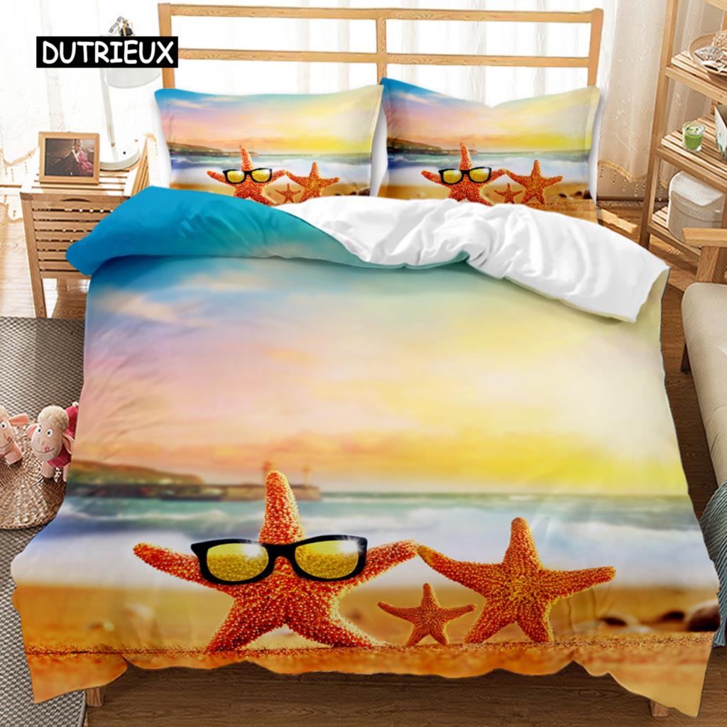Комплект постельного белья Beach Summer Ocean Комплект постельного белья Hawaiian Marine Sea Waves 3D Print Starfish Полиэстеровый пододеяльник Queen King