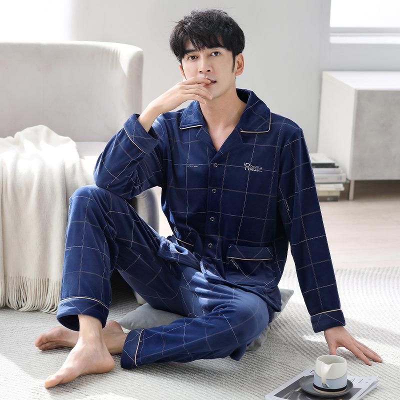Пижама мужская осенне-зимняя из островного флиса, тонкая, с длинным рукавом, из кораллового флиса, домашняя одежда, для папы среднего возраста, большого размера, костюм