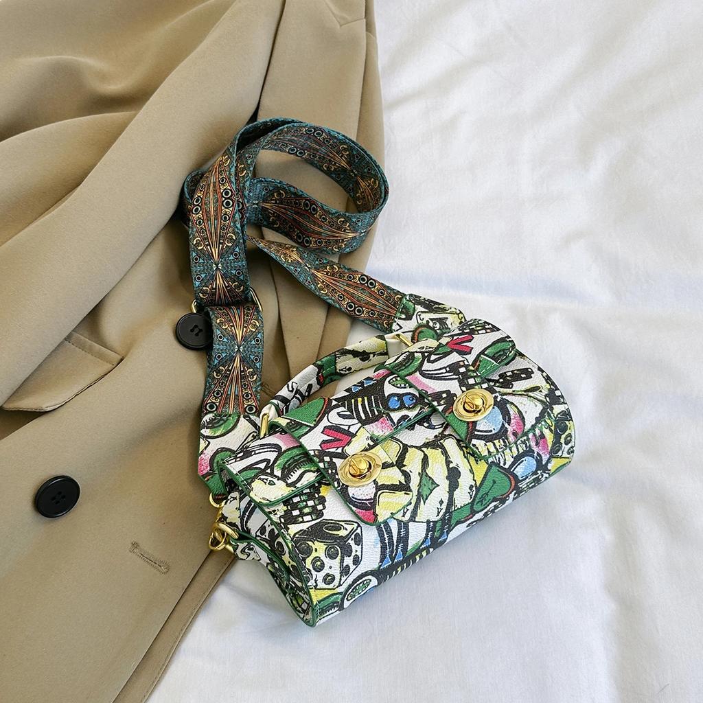 Анимированная сумка с граффити для женщин, широкий ремень, маленькая сумка на плечо, квадратная сумка через плечо для телефона, женская мода, новый дизайнер