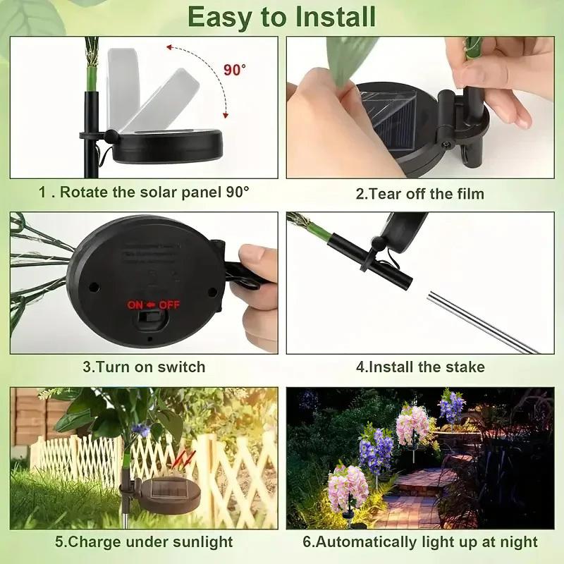 2X Solar Pathway Lights Artificial Wisteria Flowers Solar Light Outdoor Garden Lighting, LED Garden Solar Lights For Yard/Patio/Landscape/Walkway Path