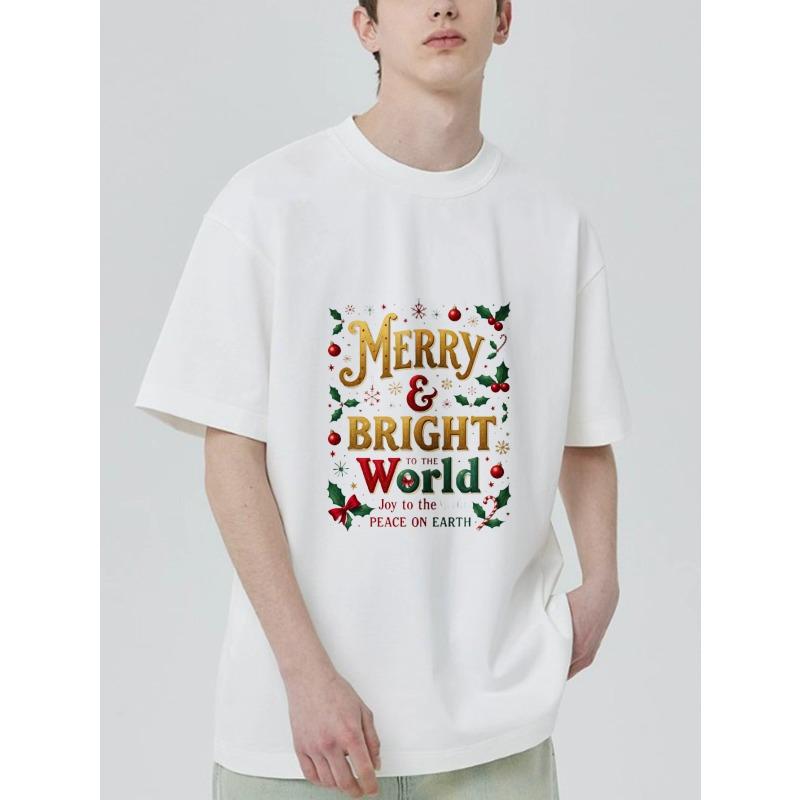 Merry and Bright World Christmas T-Shirt Black Holiday Text and Floral Design for Christmas Celebration