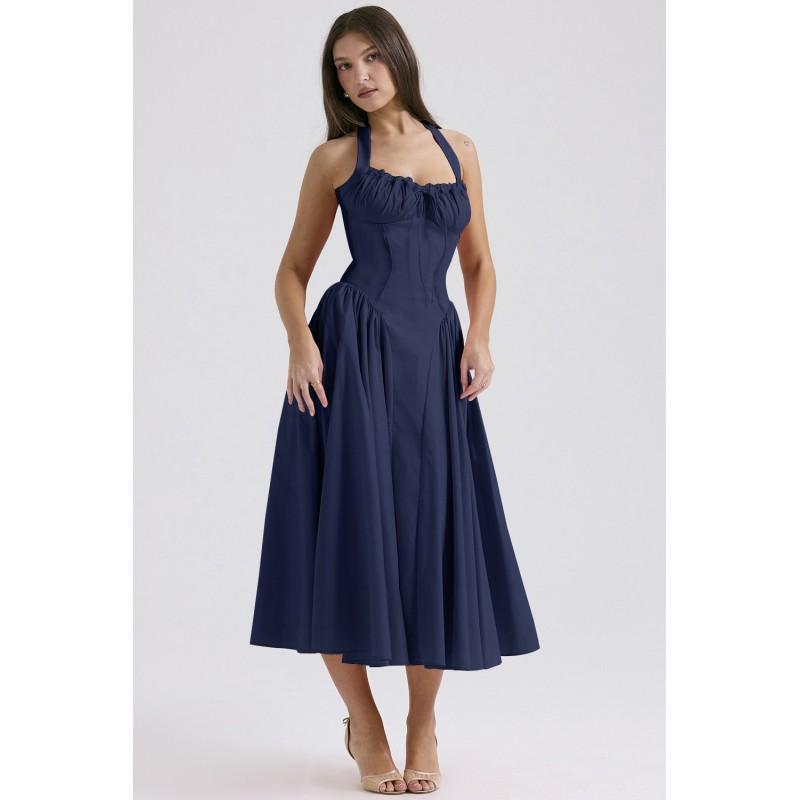 Fit Flare Halter Maxi Dress Floral Print Lace Trim Elegant