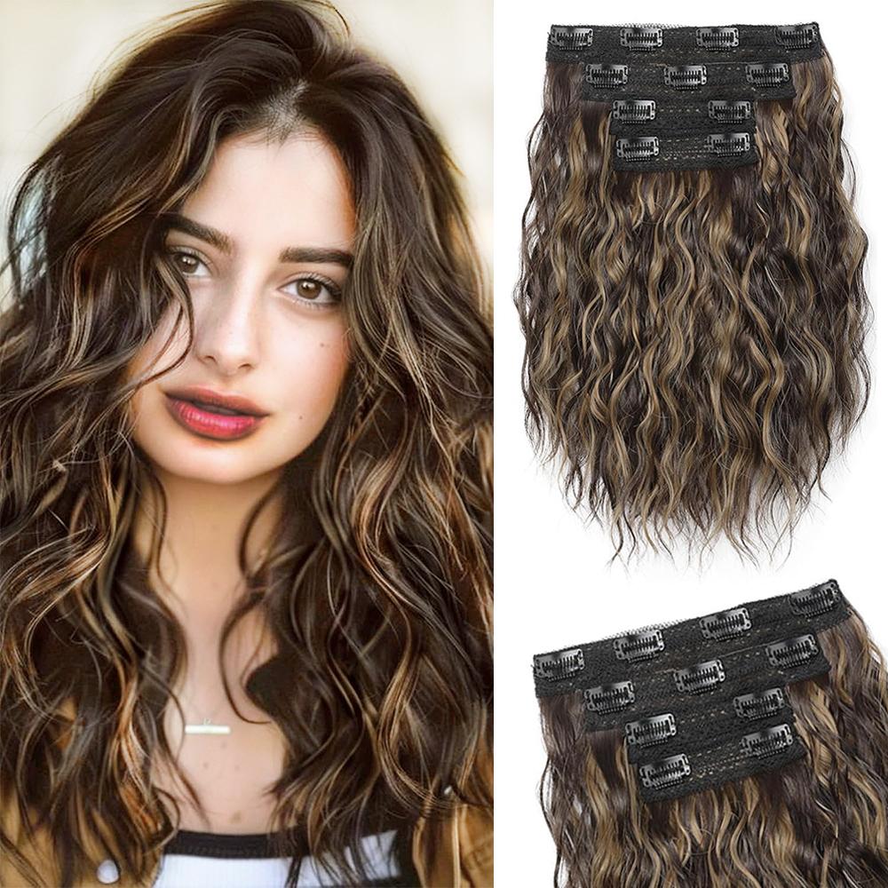 LISI HAIR Synthetic Clip In Hair Extensions Short Wavy Brown Hair 4PCS Hair Extensions Invisible Lace Weft Natural Soft Hairpieces For Women