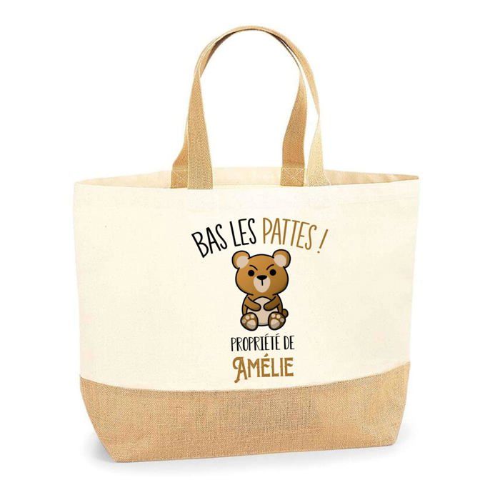 Sac cabas - PLANETEE - Amélie Bas les pattes Ours - Jute imprimé en France - Grande contenance - Anses solides