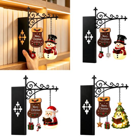 Santa Snowman Shelf Lights Christmas Bookshelf Hanging Light, Book Nook Lamp, Metal Garden Balcony Decor Floating Library Lantern Decor, Holiday