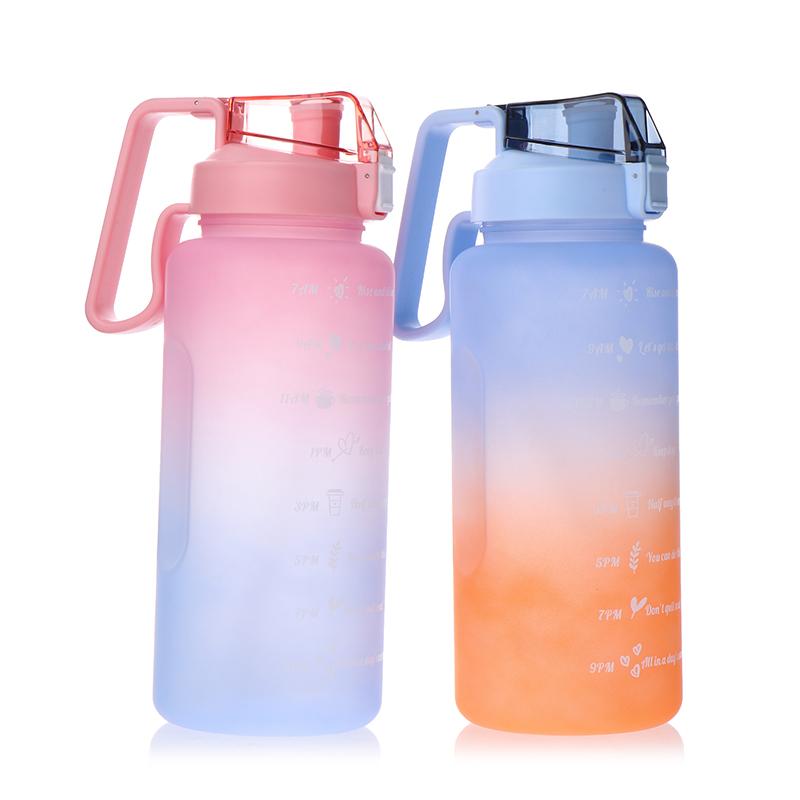 2L Large Capacity Water Bottle Straw Cup Gradient Color Plastic Water Cups With Time Marker Outdoor Fitness Sports Bottle