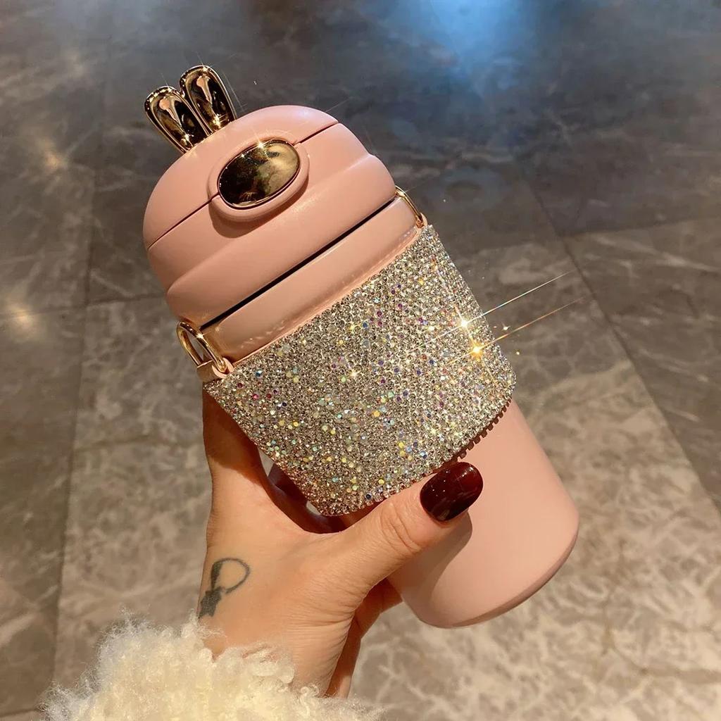 480ML Straight Cup Luxury Rhinestone Stainless Steel Vacuum Insulated Cup With Chain Water Bottles Tumblers Thermos Bottle Gifts