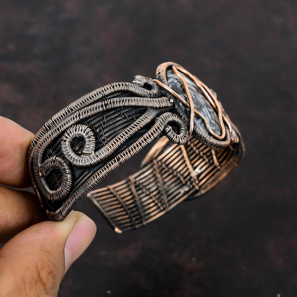 Браслет из пинолита с яшмой, медная проволока, браслет-манжета, регулируемый браслет, ювелирные изделия ручной работы, браслет с драгоценными камнями, медная проволока, ювелирный подарок для нее