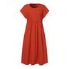Women's Plus Size Summer Cotton Linen Dress Round Neck Short Sleeve Solid Color Pleated Pocket S-5XL