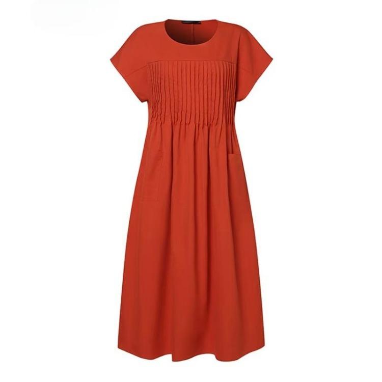 Women's Plus Size Summer Cotton Linen Dress Round Neck Short Sleeve Solid Color Pleated Pocket S-5XL