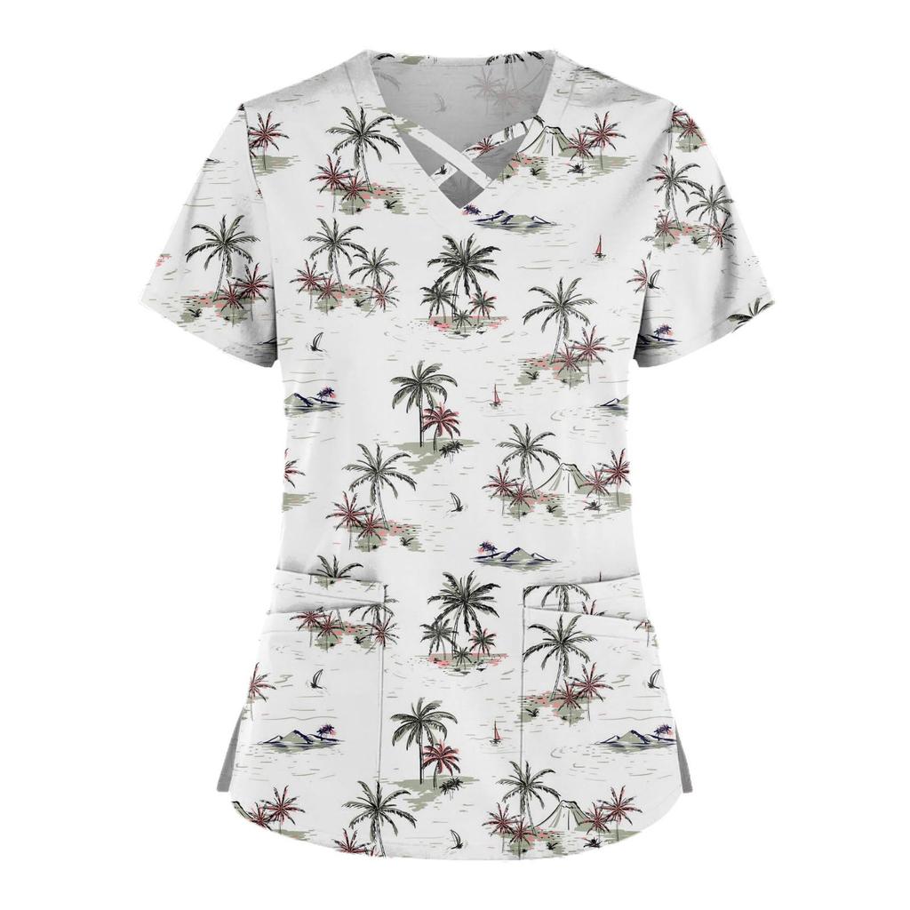 Плюс размер, милая рабочая форма с принтом, топы для женщин, забавные футболки с перекрестным v-образным вырезом и короткими рукавами, рабочая одежда, футболка с карманами