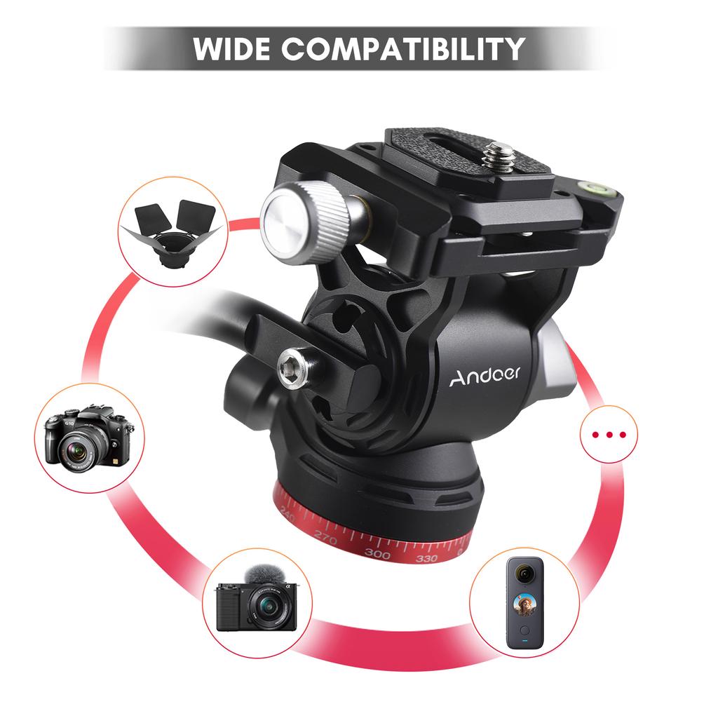 Andoer Compact Video Fluid Head Pan Tilt Tripod Head Panorama Ballhead Tripod Mount Aluminum Alloy