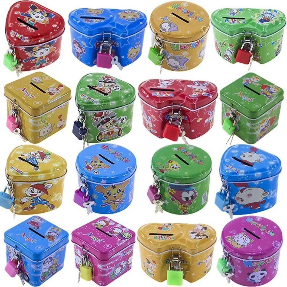 Металлическая копилка с замком и ключом, дизайн с мультяшным принтом, большая вместимость, коробка для хранения монет, милая железная банка для хранения, для дома