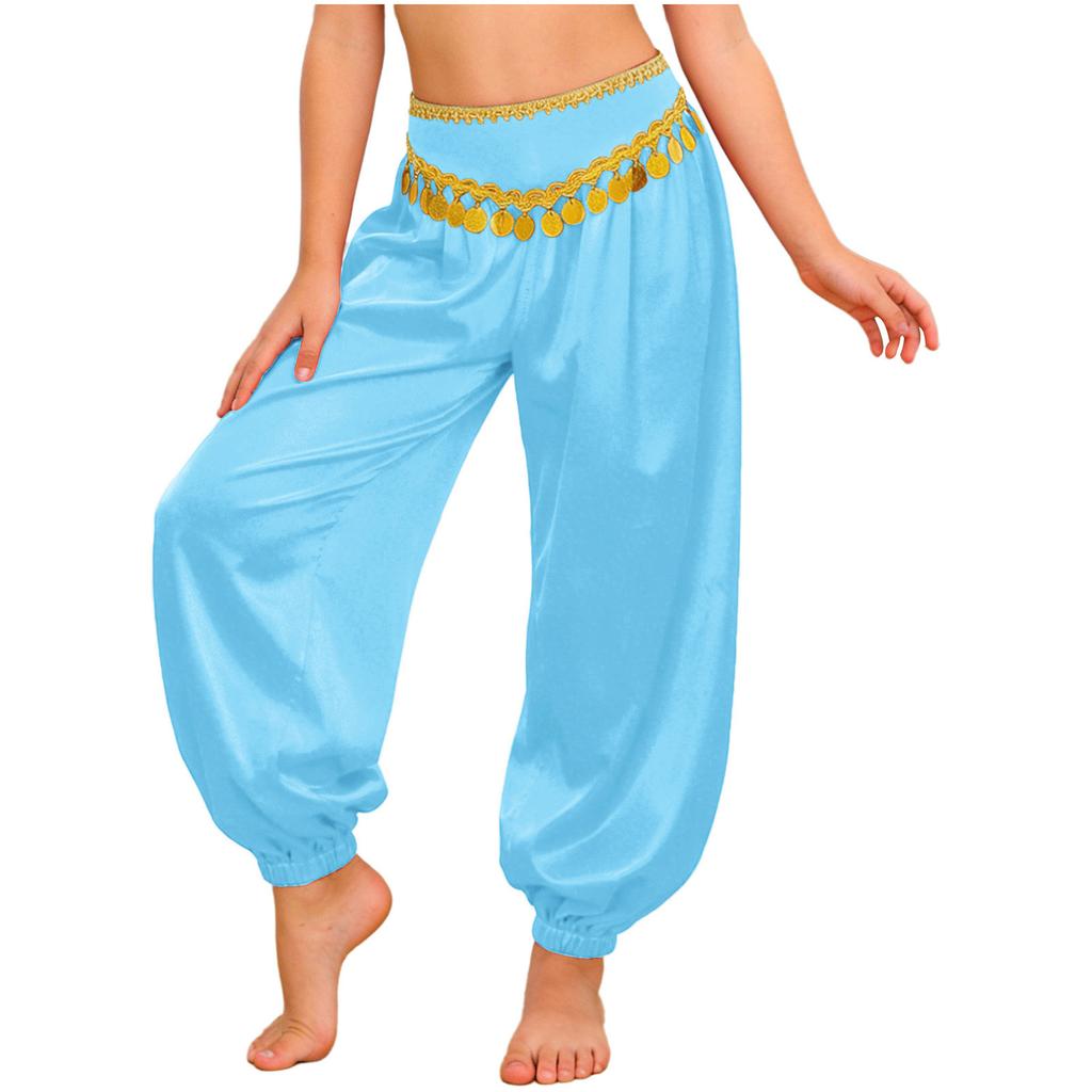 Girls Sequin Tassels Bloomers Pants Braid Trim Loose Fit Side Zipper Belly Dance Costume