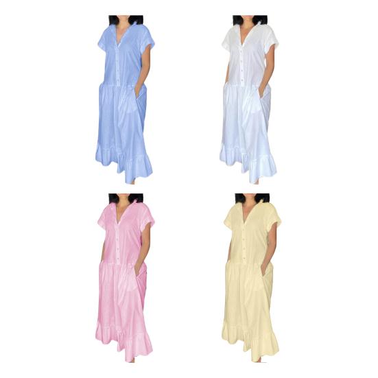 Женское летнее платье с лацканами и короткими рукавами, однотонное однобортное повседневное длинное платье