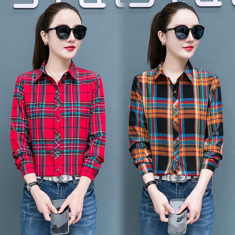 Клетчатая рубашка для женщин, сто женщин, топы, свободная ретро рубашка с длинным рукавом с гонконгским вкусом