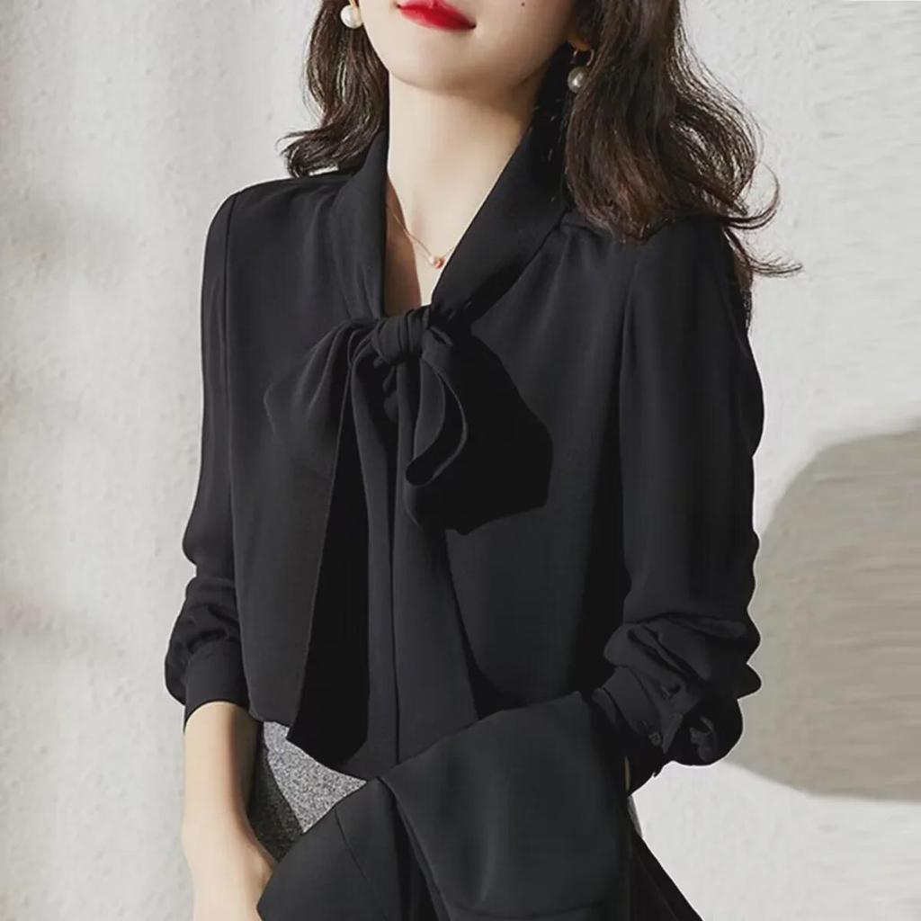2025 Summer Korean-Style Long Sleeve Ribbon Bow Shirt for Women