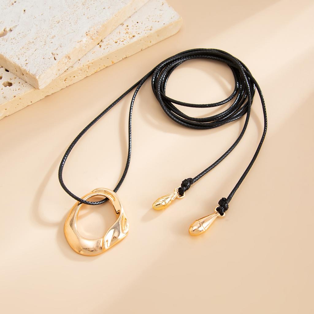 SHIXIN Simple Hollow Out Geometric Pendant Necklace for Women Fashion Adjustable Leather Rope Chain Long Necklace Sweater Chain
