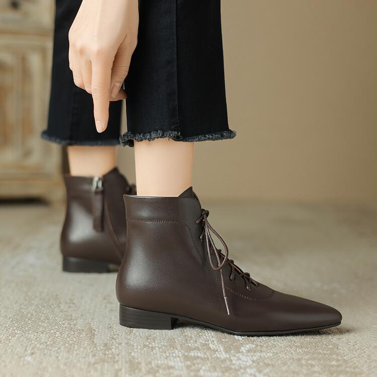 Мода 2025 Новые Зимние Женские Ботинки из Натуральной Кожи с Острым Носком на Массивном Каблуке Ботинки для Женщин Низкий Каблук Короткие Ботинки Лаконичная Женская Обувь