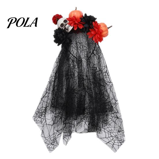 Gothic Halloween Headpiece Pumpkin Skull Floral Headband, Stable Hair Hoop with 3D Artificial Spooky Headband Flowers And Spiderweb Black Gauze Party