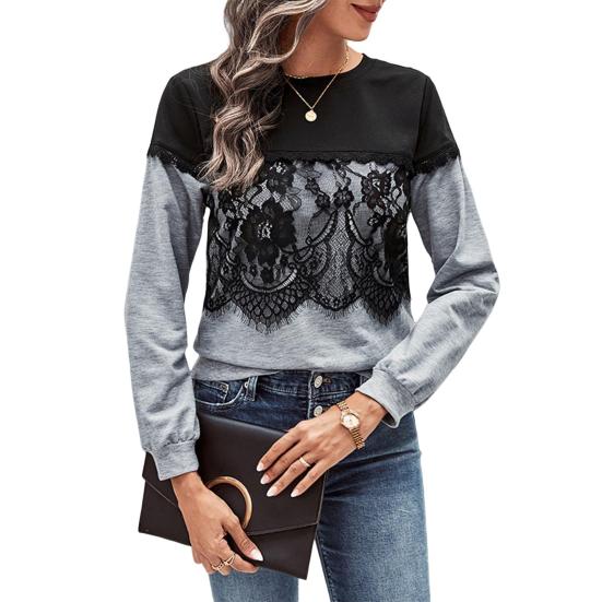 Зимняя осень Женская толстовка с кружевным декором, цветочной вышивкой, круглым вырезом, длинными рукавами, цветными блоками
