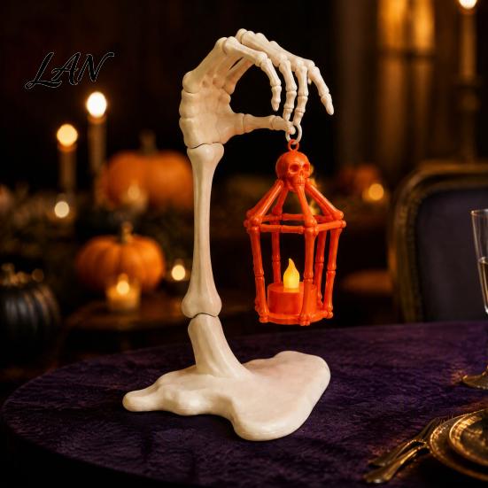 Battery Operated Flickering Light Skeleton Arm Lantern, 3D Printed Halloween Hand Holding Up Lantern Detailed Resin Bone Figurine with LED Candle for