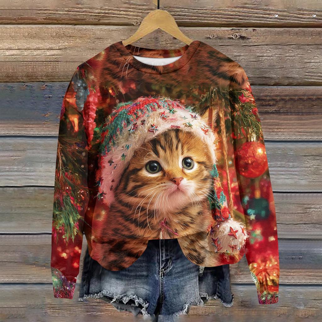 Женская толстовка с рождественским принтом, с длинным рукавом и круглым вырезом, свободный топ