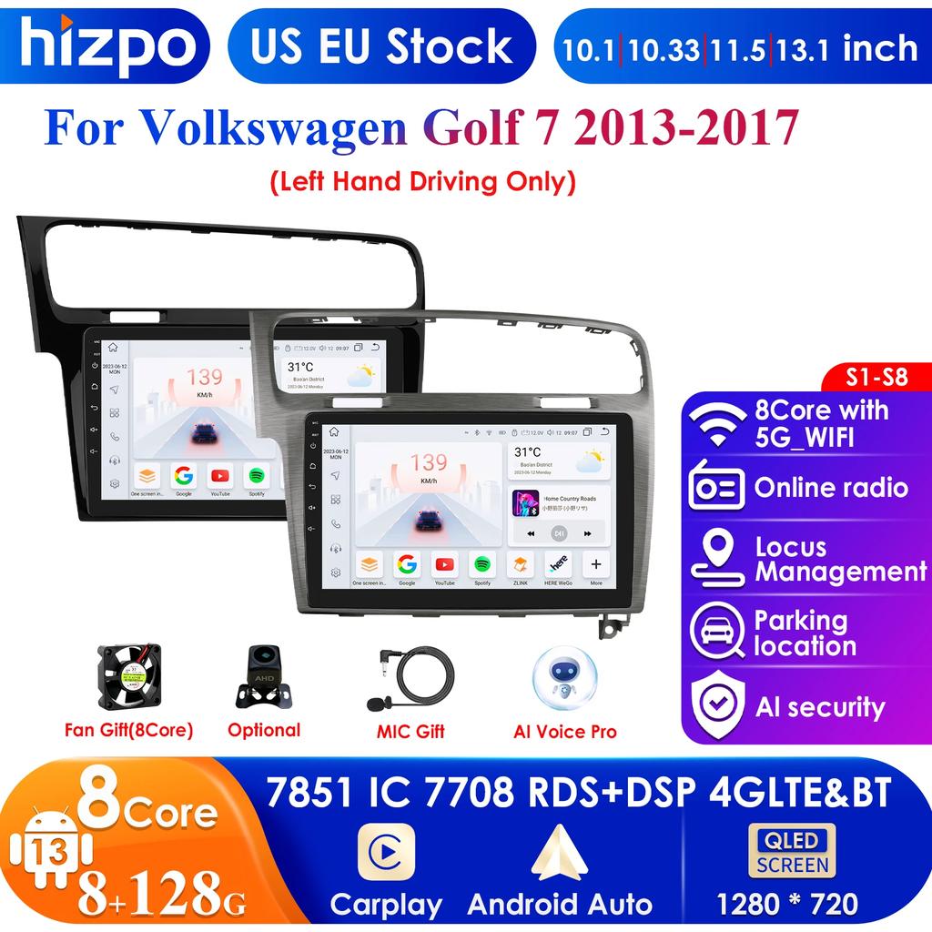 Hizpo Hizpo 10.1 Carplay 4G 2 Din Android 13 автомобильное радио для Volkswagen Golf 7 2013 - 2017 черный серый видеоплеер GPS DSP интеллектуальное авторадио RDS