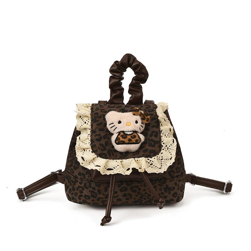 Girls Backpack Retro Leopard Print Boys And Girls Small Schoolbag Sweet Lace Cute Kitten Children'S Backpack