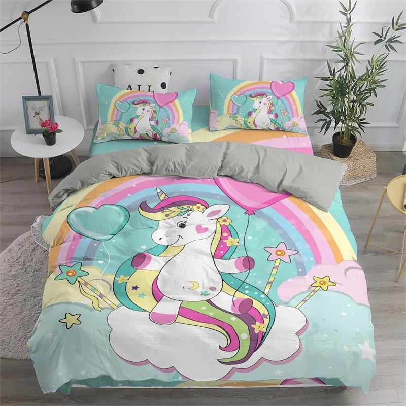 Children Cute Unicorn Duvet Cover Cartoon Bedding Set Rainbow Stripes Animals Children Kids Girls Gifts for Bedroom Decorations