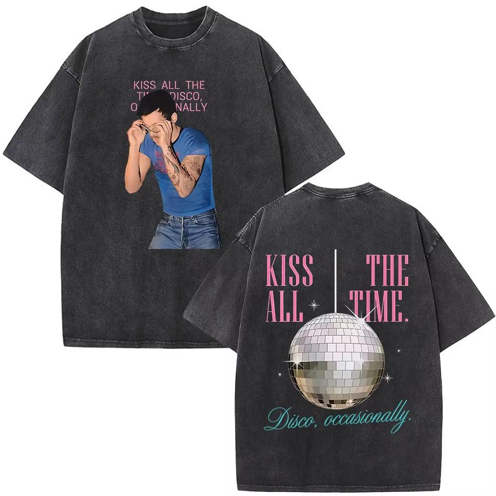 Kiss All The Time Disco Occasionally Album Vintage Washed Tshirts Men Women Clothing Fashion Hip Hop Short Sleeves T Shirt