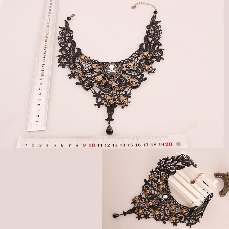 Женская мода готический черный череп кружево колье ожерелье бусы цепочка кулон украшения