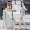 Women 3 Piece Blazer Outfit Short Sleeve Open Front Blazer Sleeveless Tank Top Shorts Set One Button Suit Jacket Business Set