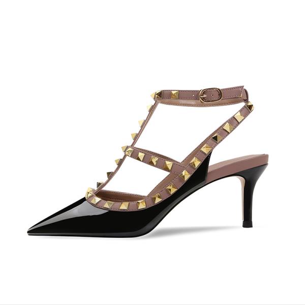 Fashion Beige High Heels Comfortable High-Heeled Shoes Roman Style Slip On Navy Blue Pumps All-Match Rivets Patent Leather Sandals Ladie
