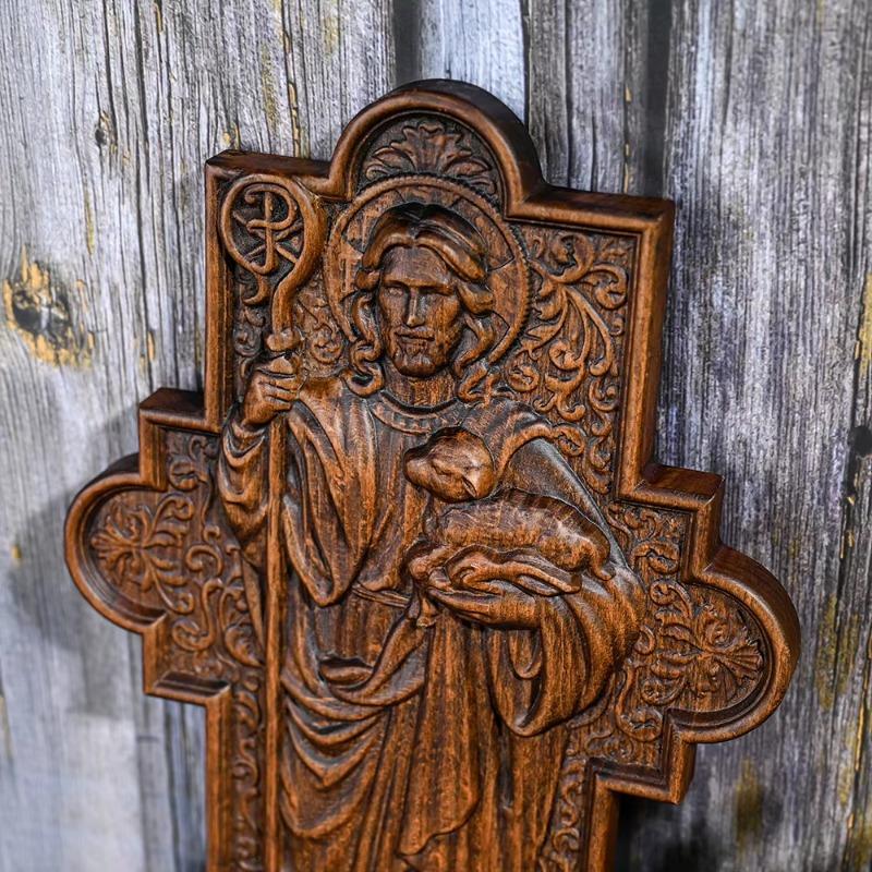 Vantage Jesus Shepherd Icon Sculpture Plaque, Catholic Saints Image, Faith, Christian Home Wall Decor, Wood Carving Gift