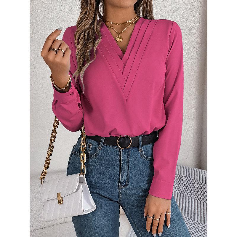 2026 Spring New Fashion Elegant Solid Color Layered V-Neck Long Sleeve Women's Casual Simple Shirt
