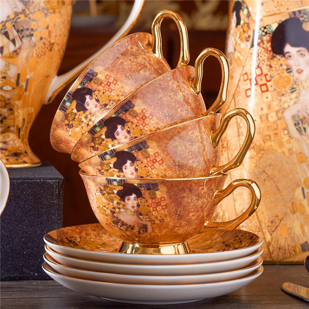 Gustav Klimt Adela Bone China Coffee Servis Роскошный фарфоровый чайный сервиз Чашка с блюдцем Керамический чайник Сливочник Сахарница Молочник Coffeewa