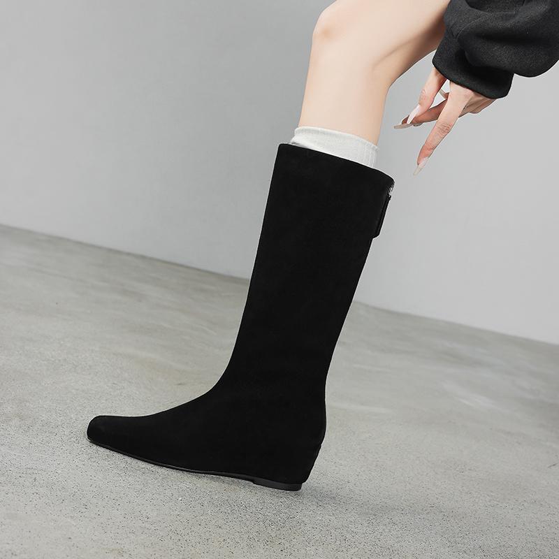 Мода 2025 Новые осенние сапоги до колена из коровьей замши Женская обувь Квадратный носок Слипоны Вестерн Современные сапоги Увеличение высоты Длинные сапоги