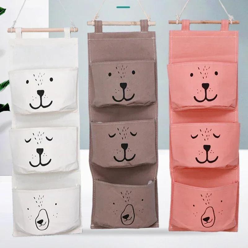 3 Pockets Cotton Wall Mounted Storage Bag Home Room Closet Door Sundries Clothes Hanging Bag Holder Cosmetic Toys Organizer