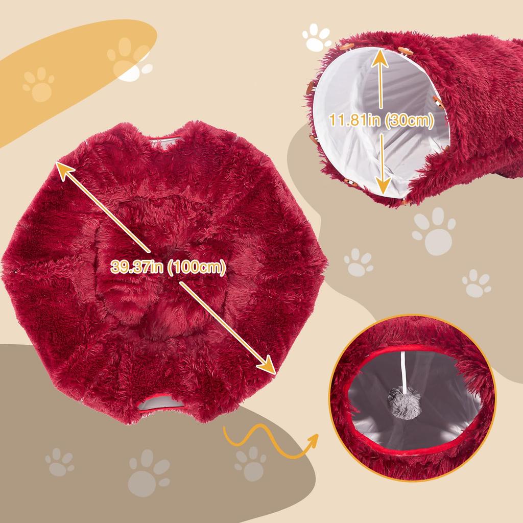 Avont Cat Tunnel Bed with Washable Foldable Large Cat Tunnel Tube Toy with 3 Shapes for and Includes Fluffy Cat Bed Red Cushion, Kittens, Puppies,