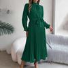 Women's Long Sleeve Maxi Dress Stand Collar High Waist A-Line Dress Loose Solid Color Pleated Long Dress