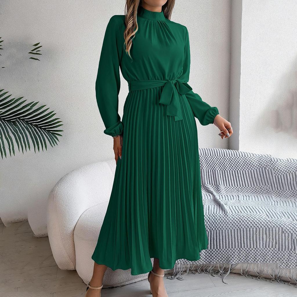 Women's Long Sleeve Maxi Dress Stand Collar High Waist A-Line Dress Loose Solid Color Pleated Long Dress