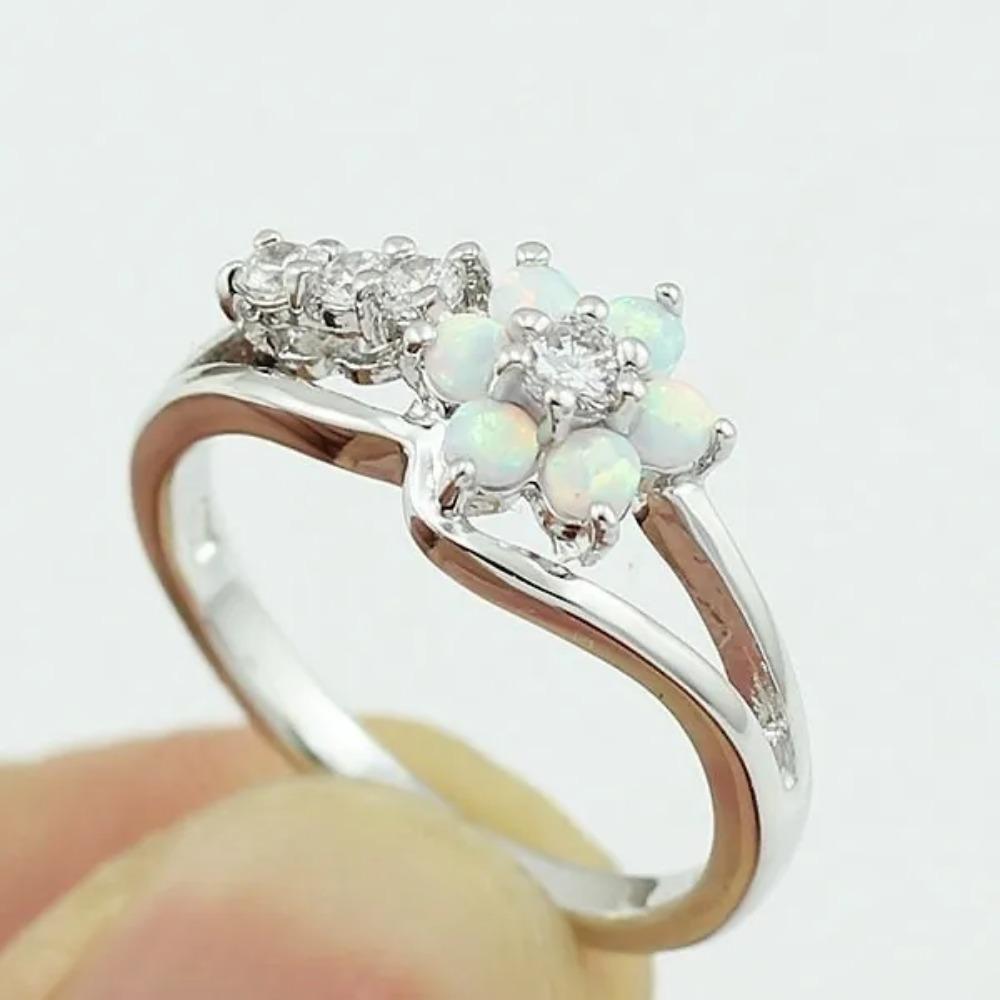 Delysia King Exquisite Round Cut White Fire Australian Gemstone Flower Ladies Opal Ring Diamond Jewelry Birthday Gift Bridal Engagement Party Ring