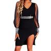 Lady Petticoats Plus Size Midi Dress V-Neck See Through Sleeve Belt Stitching Solid Color Sequined Party Dress for Club