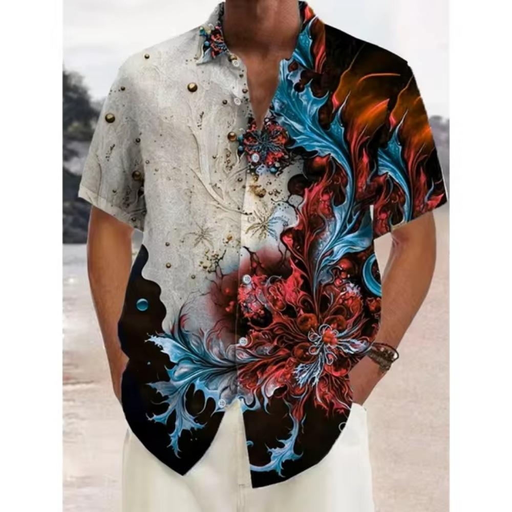 Hawaiian Style Shirt, Men's Short Sleeved Lapel, Retro Floral 3D Print, Block Color, Summer Vacation, Oversized Top