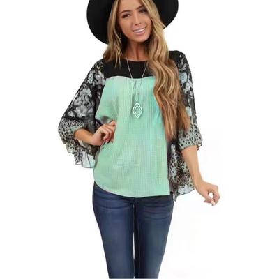 Топ с рукавами летучая мышь, с принтом, в стиле колор-блок, вафельный, с круглым вырезом, женские футболки